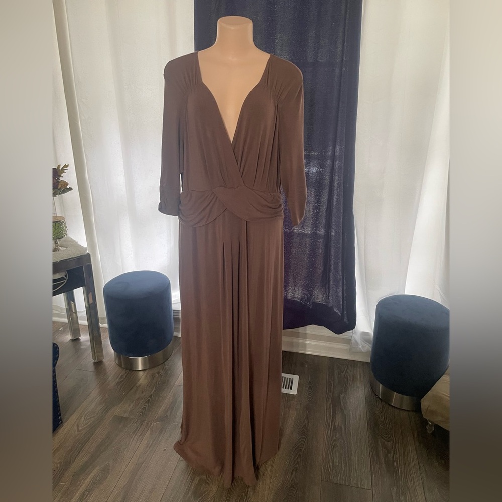 Kiyonna USA Surplice Maxi Dress Elegant Brown Women's 2 18 Fall stretch